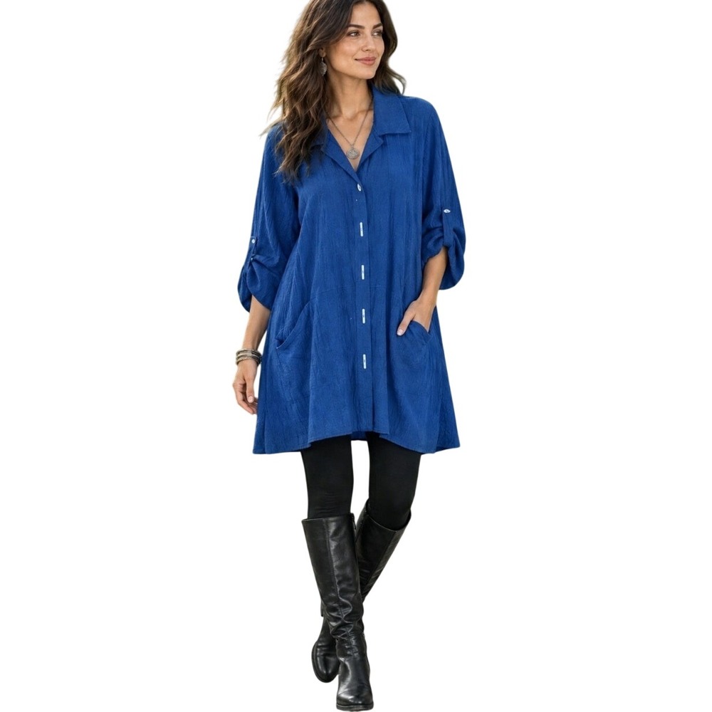 Soft Surroundings Tunic Top 1X Blue Textured Lagenlook Roll Tab Sleeve Pockets